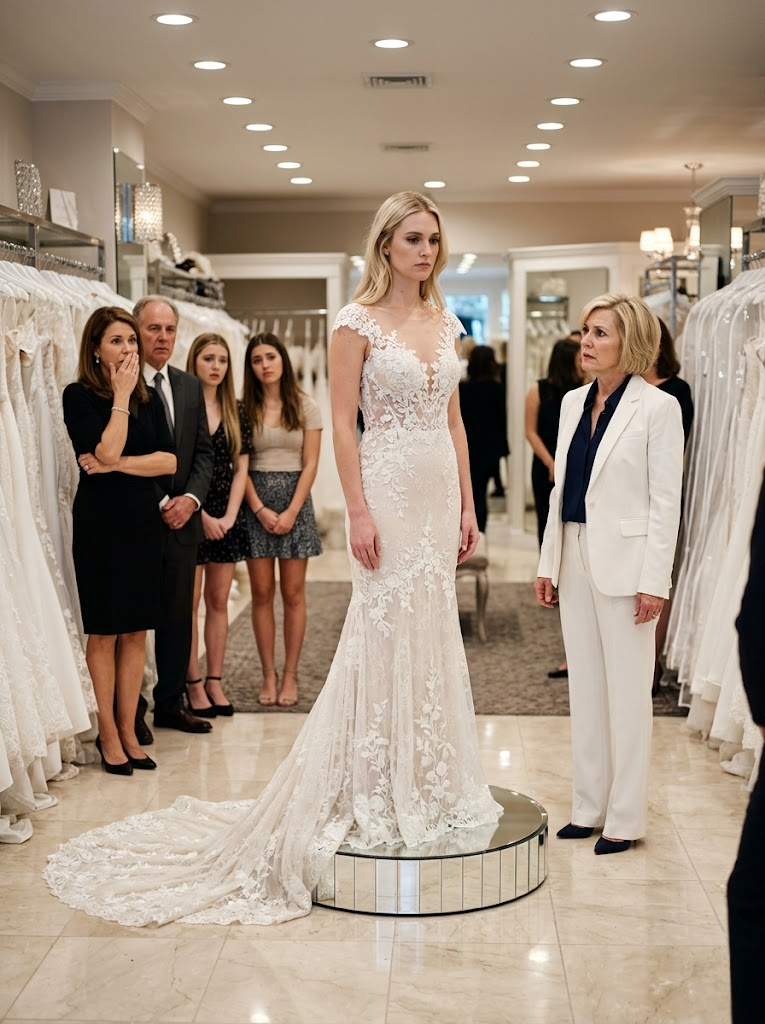 AT MY MANHATTAN BRIDAL FITTING, MY FIANCÉ’S MOTHER LOOKED ME UP AND DOWN IN A $14,000 GOWN AND SAID, “WHITE IS FOR GIRLS WHO HAVE A REAL FAMILY WAITING AT THE END OF THE AISLE” — AND WHILE THE ENTIRE SALON STOOD FROZEN, MY FIANCÉ LOWERED HIS EYES AND SAID NOTHING. I ONLY SMILED, STEPPED DOWN FROM THE PLATFORM, AND WALKED OUT WITHOUT A SCENE. BUT BEFORE SUNRISE THE NEXT MORNING, ONE PRIVATE EMAIL FROM MY PENTHOUSE OFFICE PULLED HIS FATHER’S LAW FIRM OUT OF THE BIGGEST MERGER OF ITS LIFE… AND BY LUNCH, THE SAME FAMILY WHO MOCKED THE ORPHAN WAS BEGGING HER TO STOP.